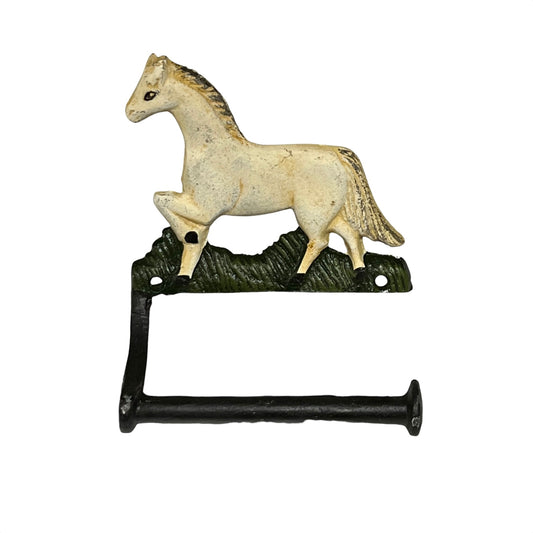 A decorative horse-shaped wall hook or shelf bracket featuring a cream-colored horse figure mounted on a dark green textured platform with a black metal horizontal arm, shown against a plain white background.