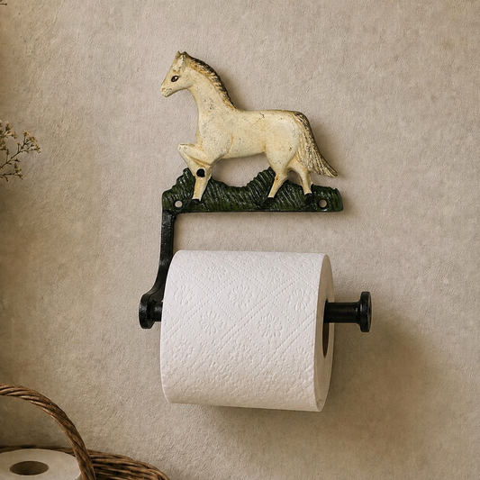 A wall-mounted toilet paper holder with a decorative horse-shaped top and a black metal bracket holding a white toilet paper roll, shown against a textured beige wall.