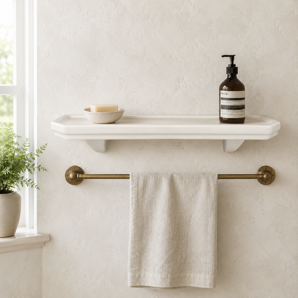 Bathroom shelf with soap, plant, and towel rack on a light-colored wall.