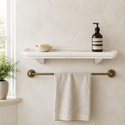 Bathroom shelf with soap, plant, and towel rack on a light-colored wall.