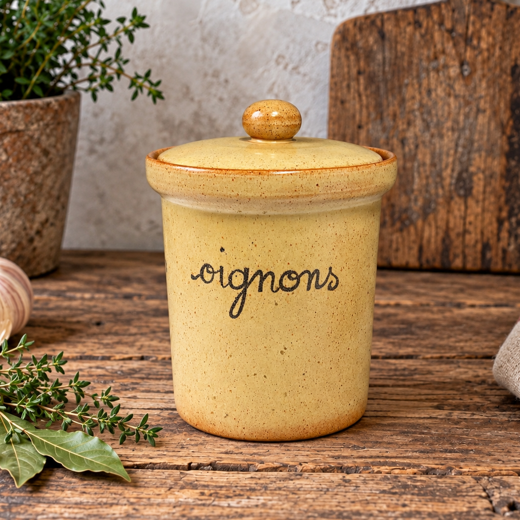 A speckled yellow ceramic canister with a lid and the word 'oignons' written in black script, set on a rustic wooden table with kitchen props including a garlic bulb, herbs, and a cutting board.