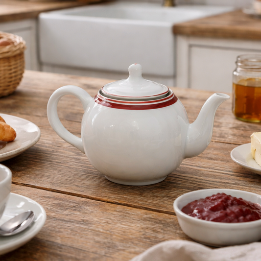Tea set on a wooden table with croissants and jam
