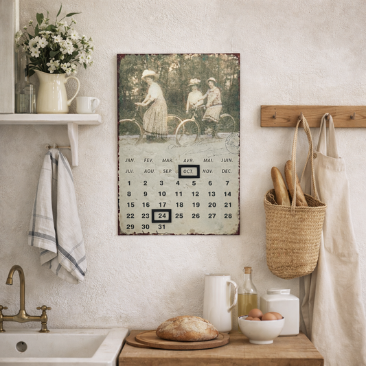 Kitchen interior with a calendar on the wall, bread on a cutting board, and a vase of flowers.