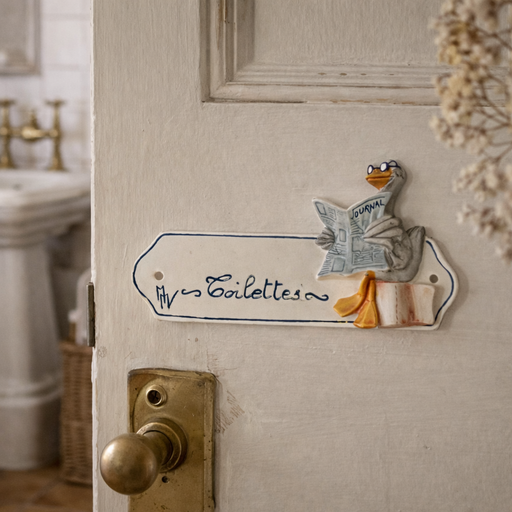 Decorative door sign with a goose reading a newspaper, mounted on a bathroom door.