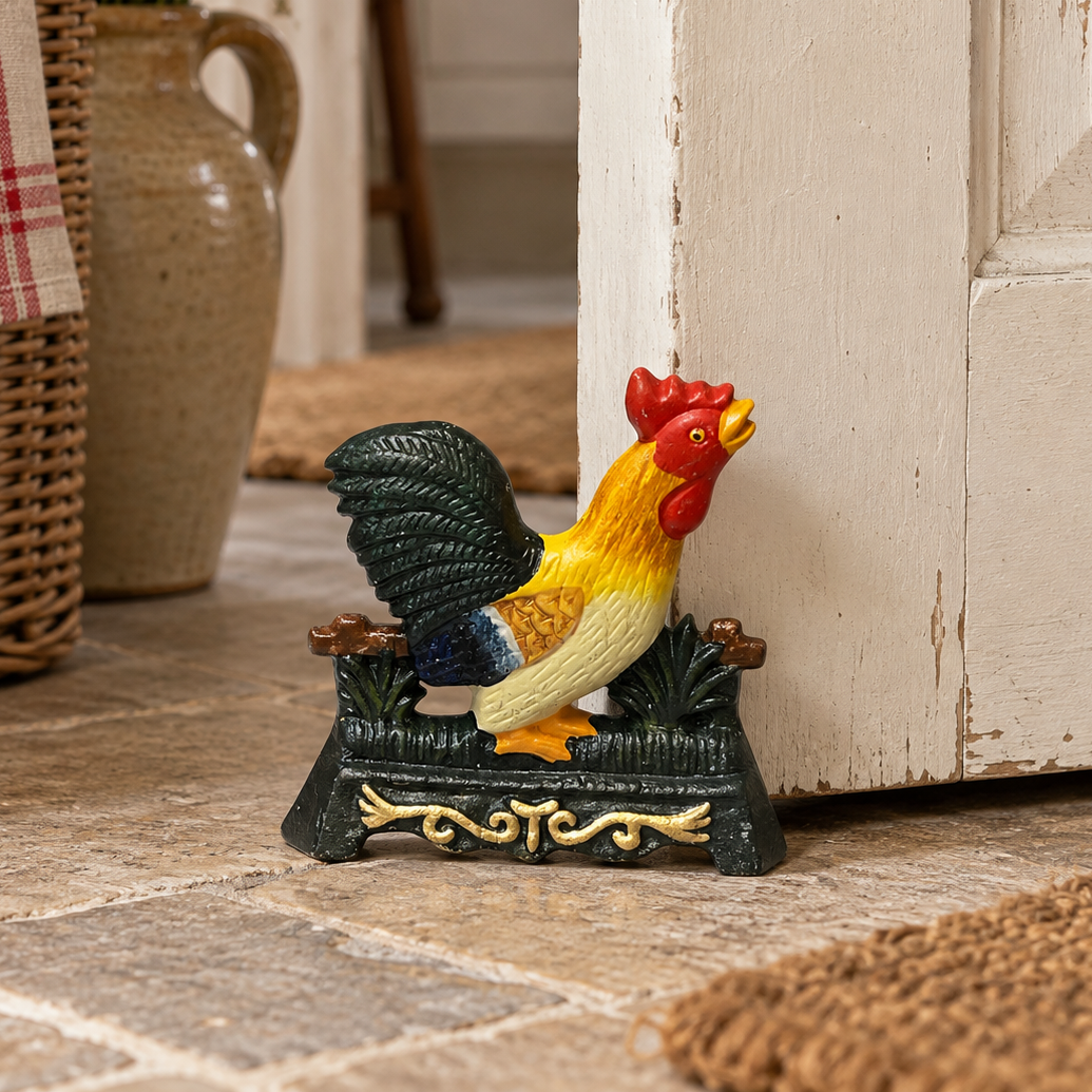 A decorative rooster doorstop perched on a small black base, placed on a stone floor beside a white door in a rustic indoor setting.