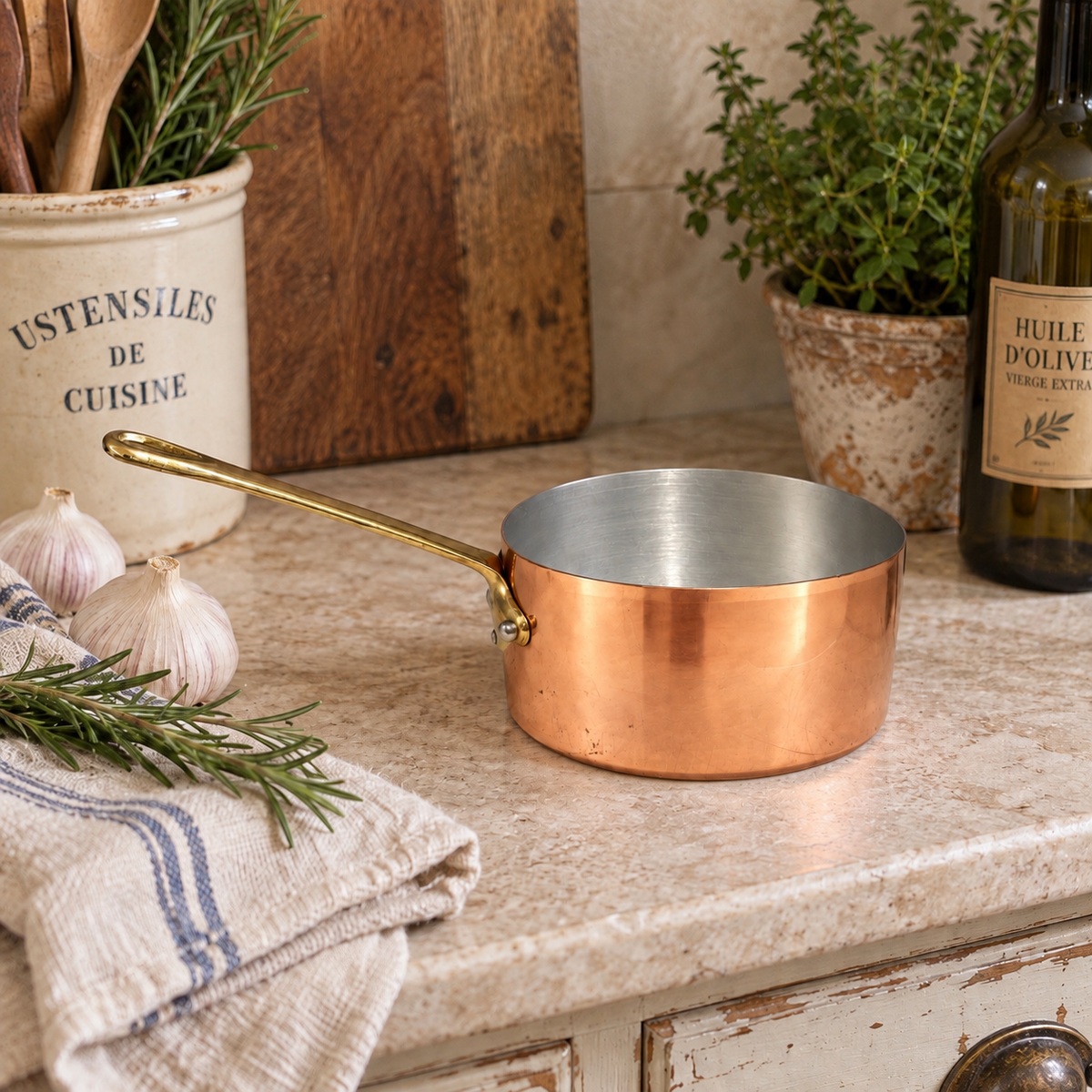 A copper saucepan with an aluminium interior and a brass handle sits on a rustic kitchen countertop, surrounded by garlic, rosemary, a ceramic canister of utensils, a potted herb, and a bottle of olive oil.