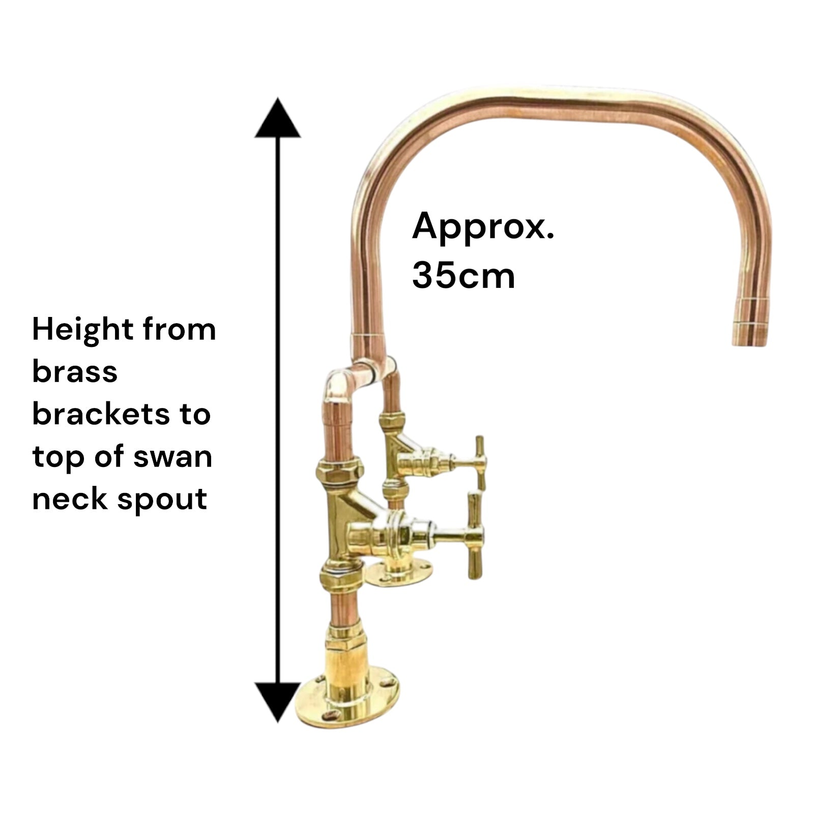 A brass and copper kitchen faucet with text indicating a height measurement from the brass brackets to the top of the swan neck spout is approximately 35cm, shown on a white background.
