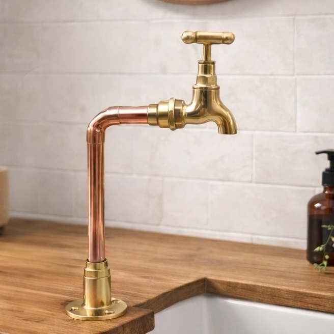 A vintage-style brass and copper faucet with a cross handle, mounted on a wooden kitchen sink counter against a light tile wall.