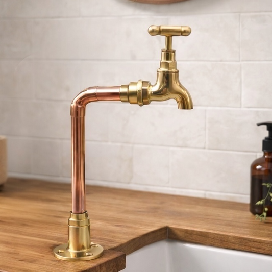 A vintage-style brass and copper faucet with a cross handle, mounted on a wooden kitchen sink counter against a light tile wall.