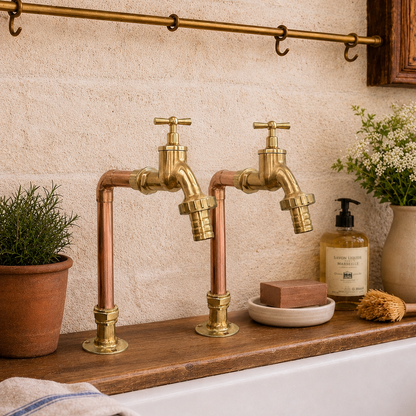 Vintage-style brass faucets on a wooden countertop with a sink and decorative items.