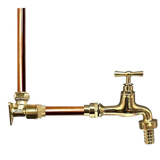 A brass and copper water tap assembly with a cross-handle valve and threaded outlet, shown on a plain white background.
