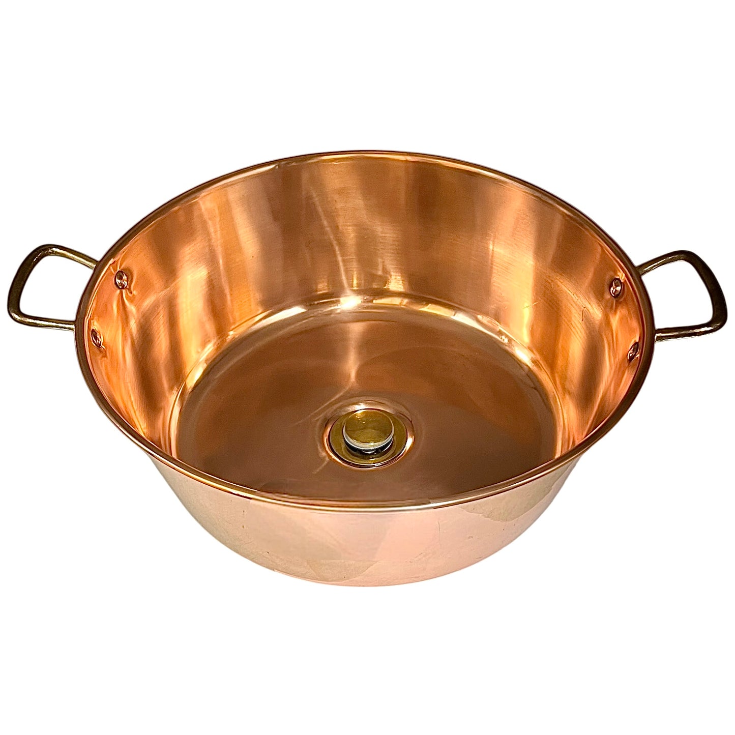 Copper sink with brass handles displayed on a white background 
