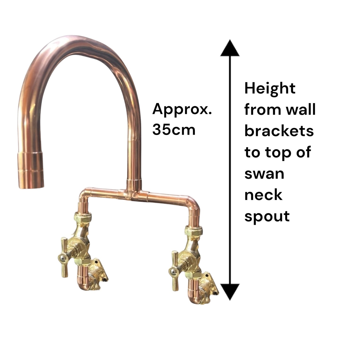 A copper wall-mounted faucet with two brass valves, shown with measurement text and arrows indicating the height from wall brackets to the top of the swan neck spout.