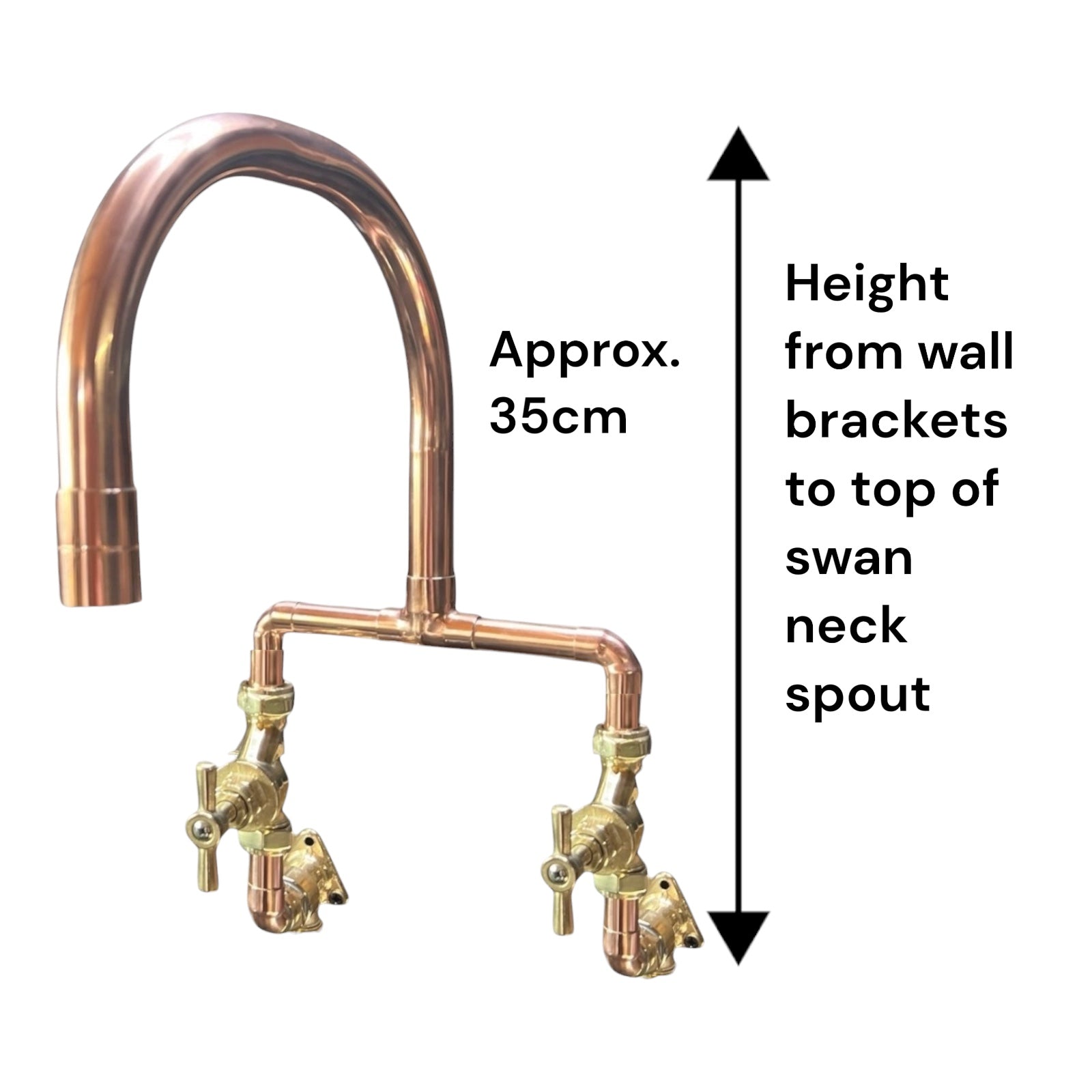 A copper wall-mounted faucet with two brass valves, shown with measurement text and arrows indicating the height from wall brackets to the top of the swan neck spout.