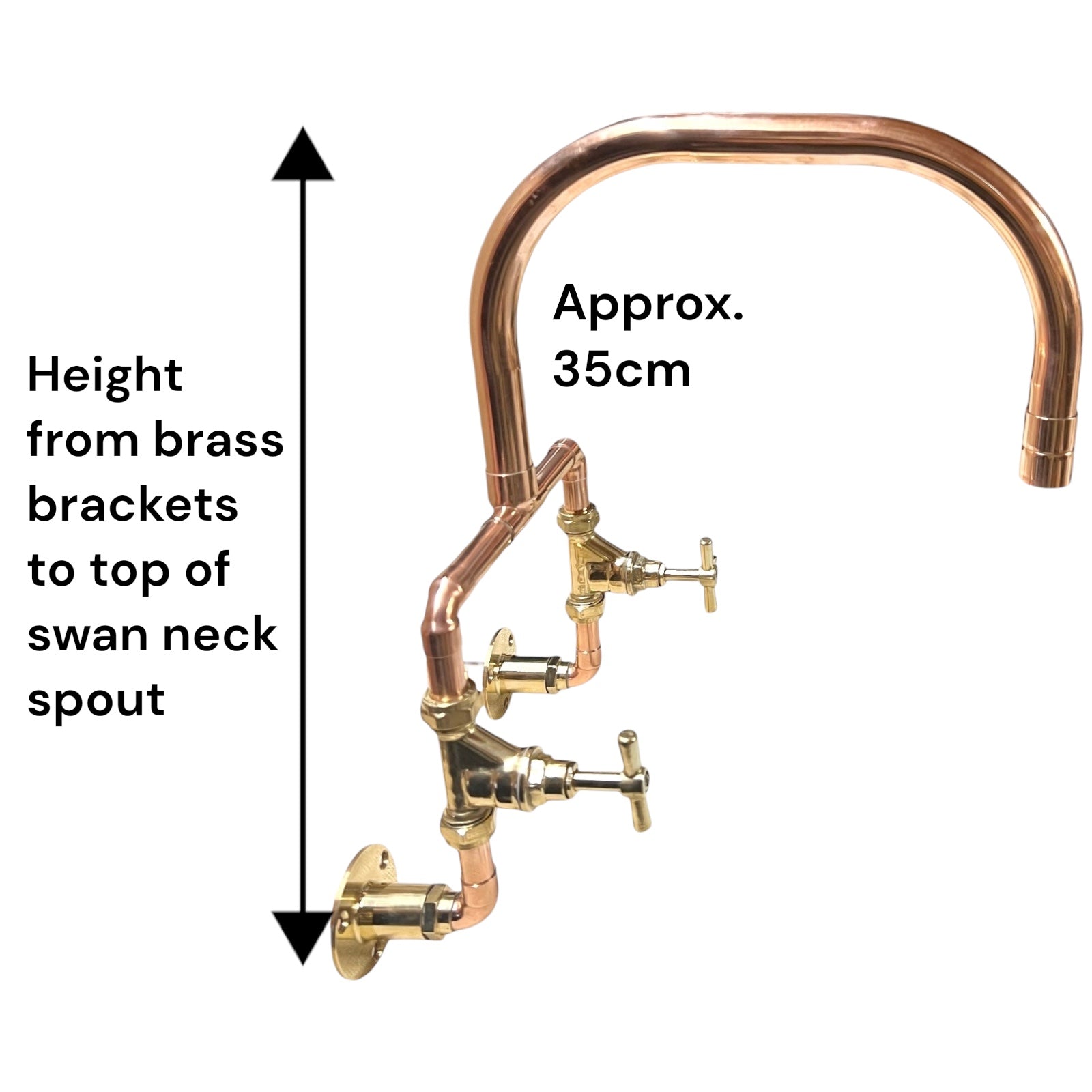 A copper and brass wall-mounted faucet spout assembly on a white background, with a vertical measurement arrow and text indicating the height from brass brackets to the top of the swan neck spout is approximately 35 cm.