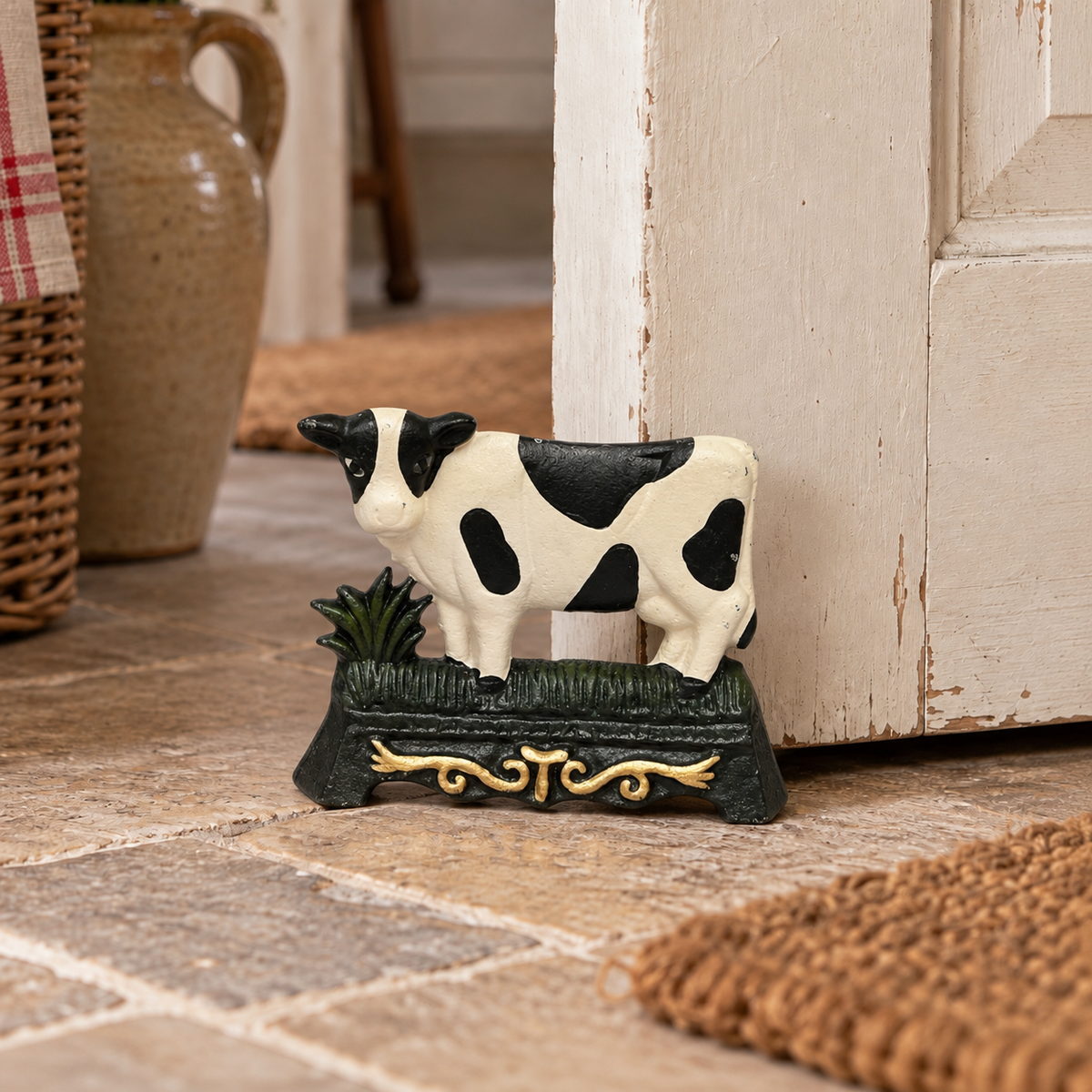 A small decorative cow door stop figurine standing on a dark green base with gold scroll details, placed on a stone floor beside a distressed white door.