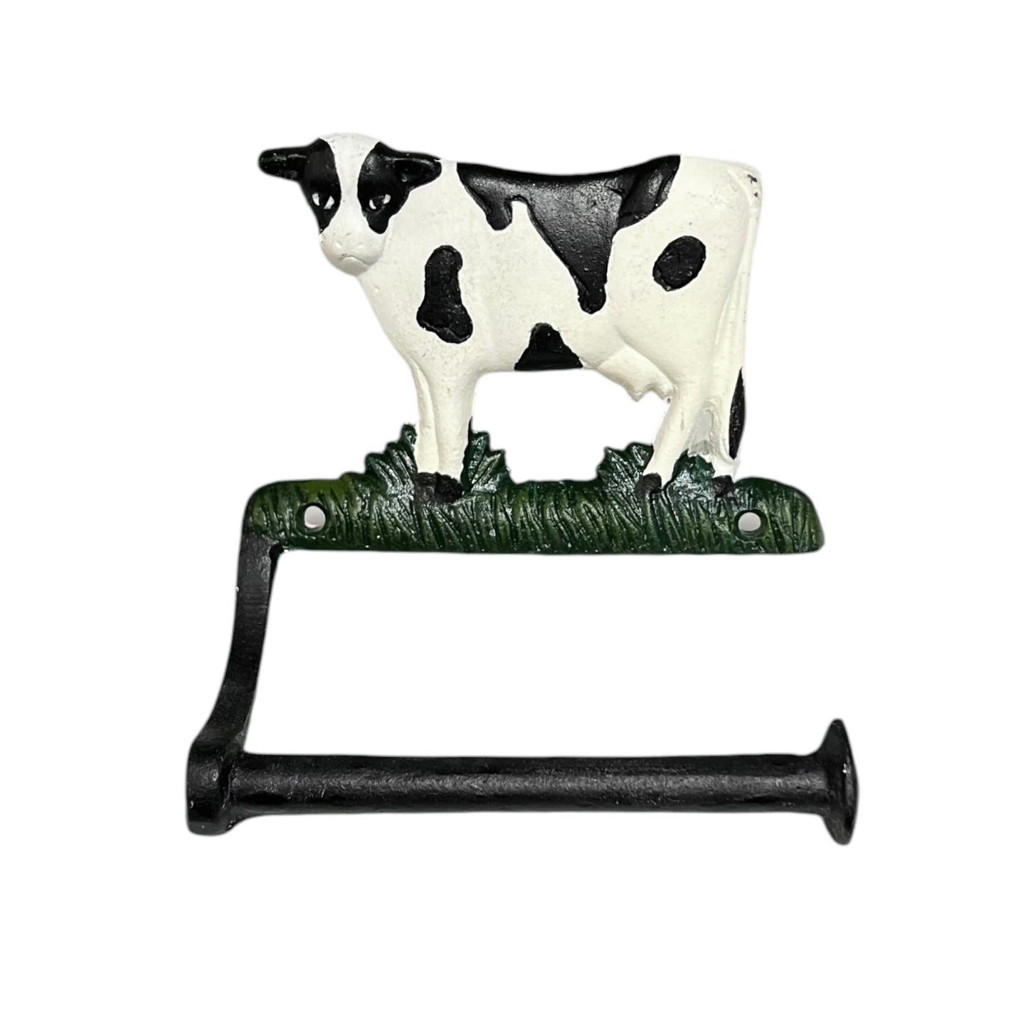 Decorative paper towel holder with a cow design on a white background