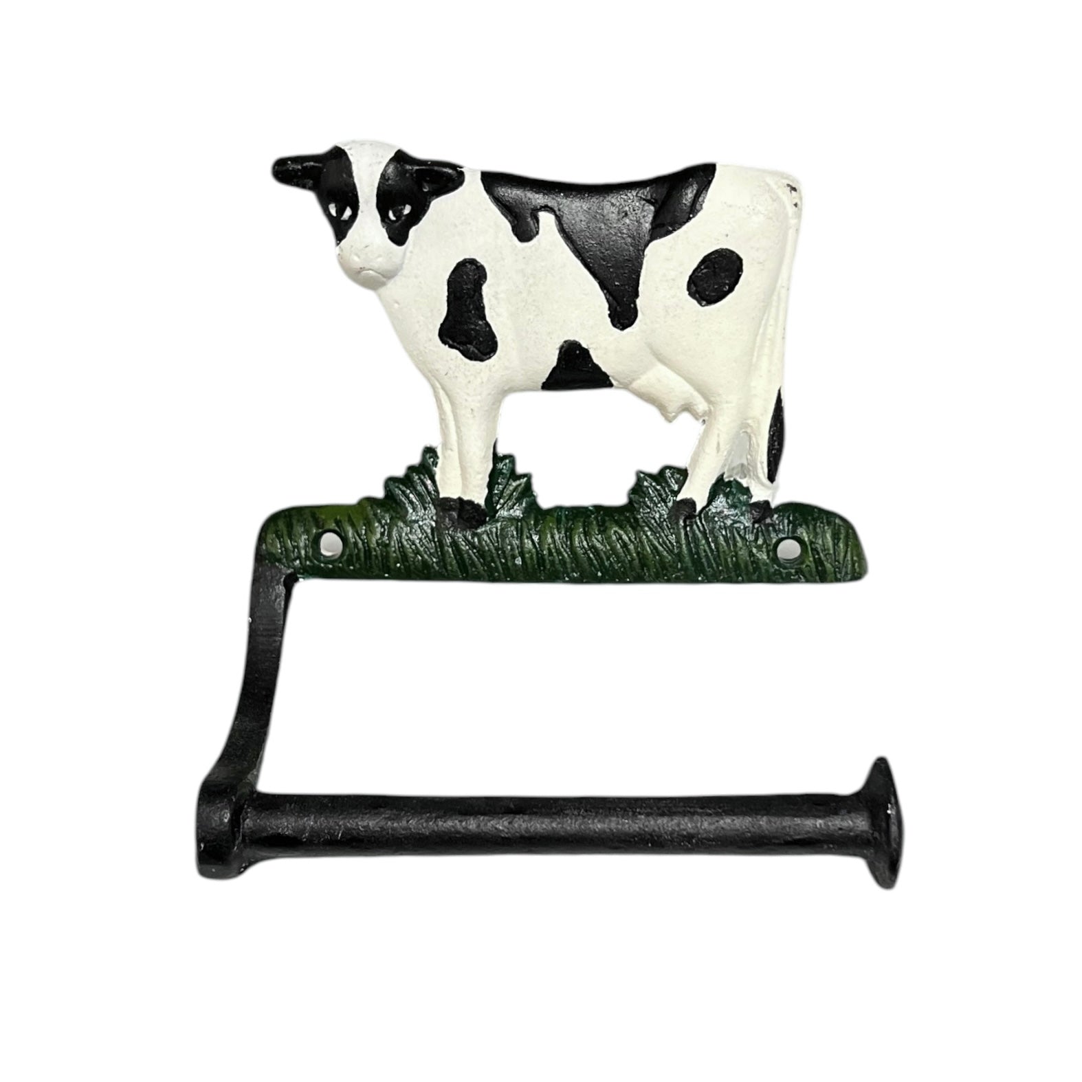 Decorative paper towel holder with a cow design on a white background