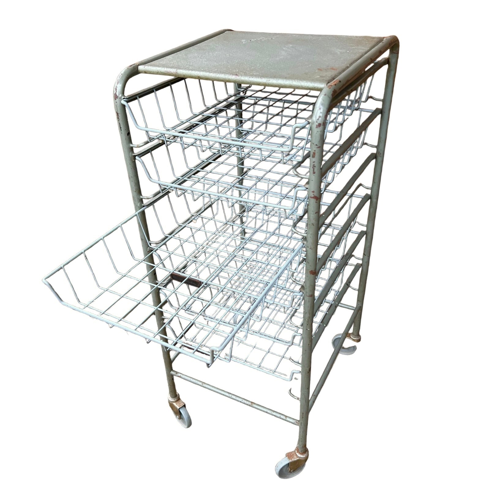 Vintage French Metal Drawer Trolley on Wheels, Industrial Mobile File Storage