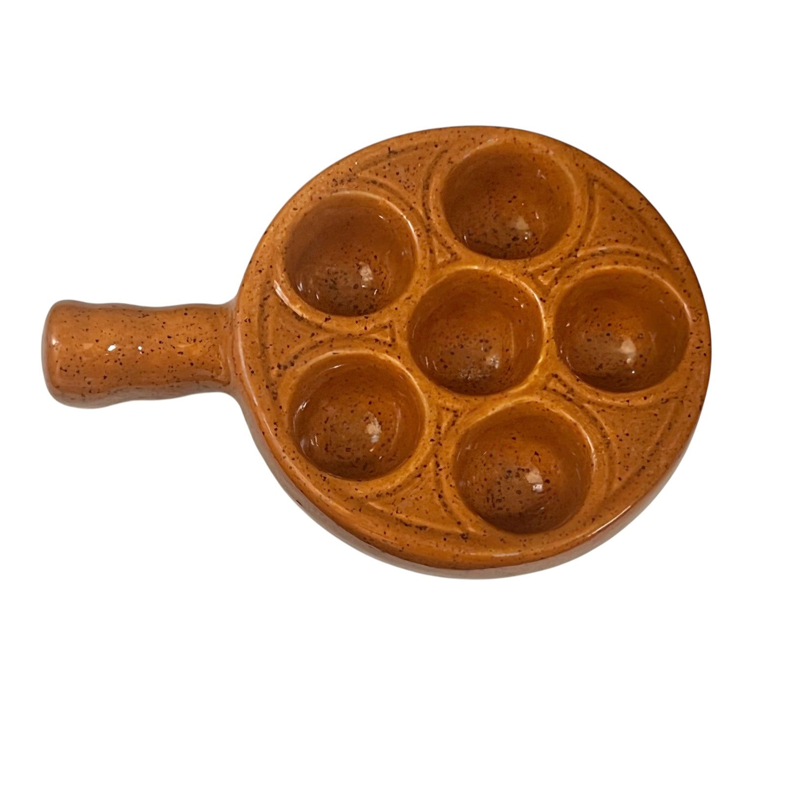 French ceramic escargot plate, perfect for serving escargot, quail eggs, or stuffed mushrooms, adding charm to a country kitchen, displayed on a white background.