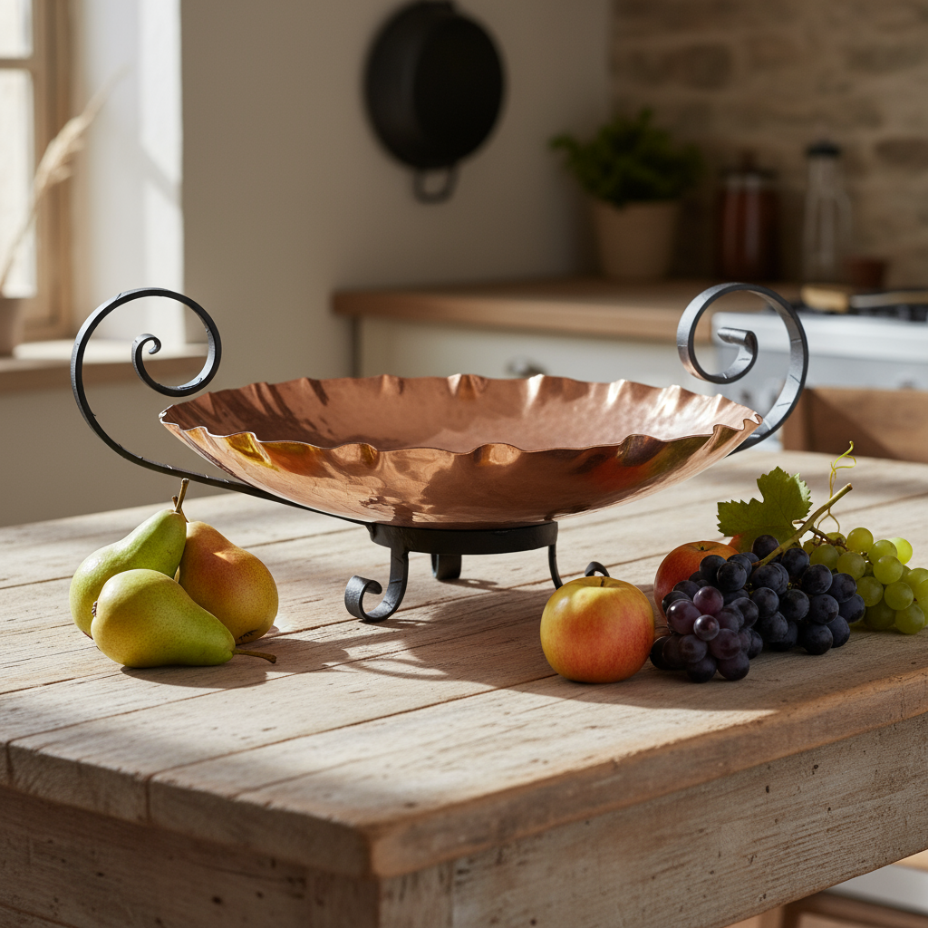 Copper bowl with decorative metal stand on a wooden table with fruits