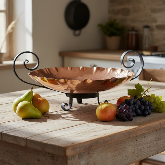 Copper bowl with decorative metal stand on a wooden table with fruits