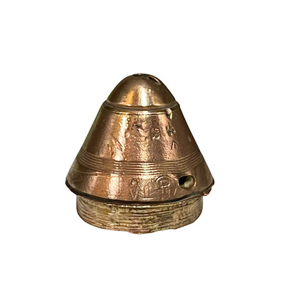 A small brass fuse component with engraved markings and a threaded base, isolated on a white background.