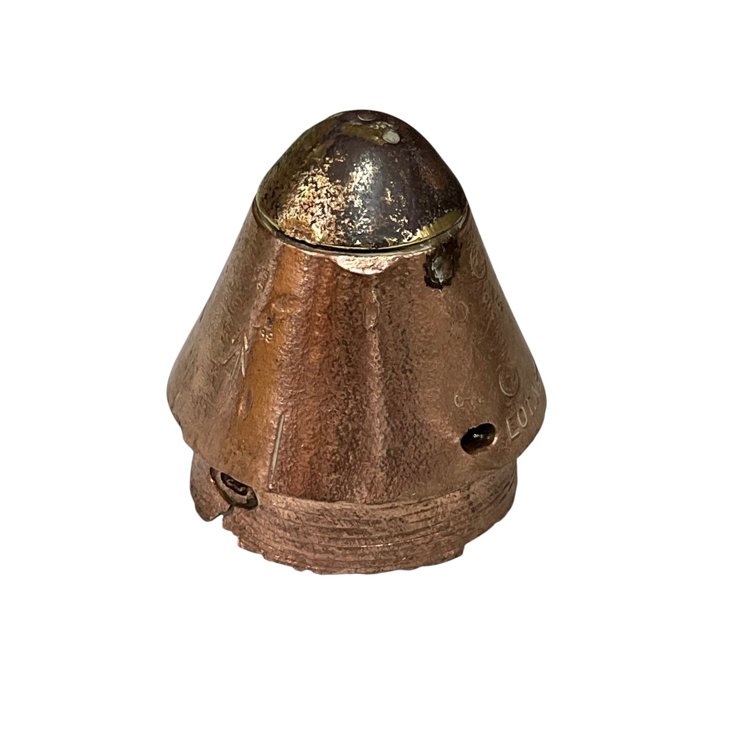 A used metallic cone-shaped component, likely a rocket or engine nozzle tip, showing signs of wear, rust, and scuffs on a plain white background.