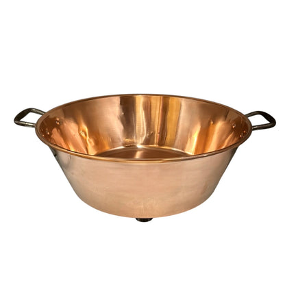 Copper up cycled basin sink with handles and a chrome pop up waste drain, ideal for a rustic bathroom or camper conversion on a white background