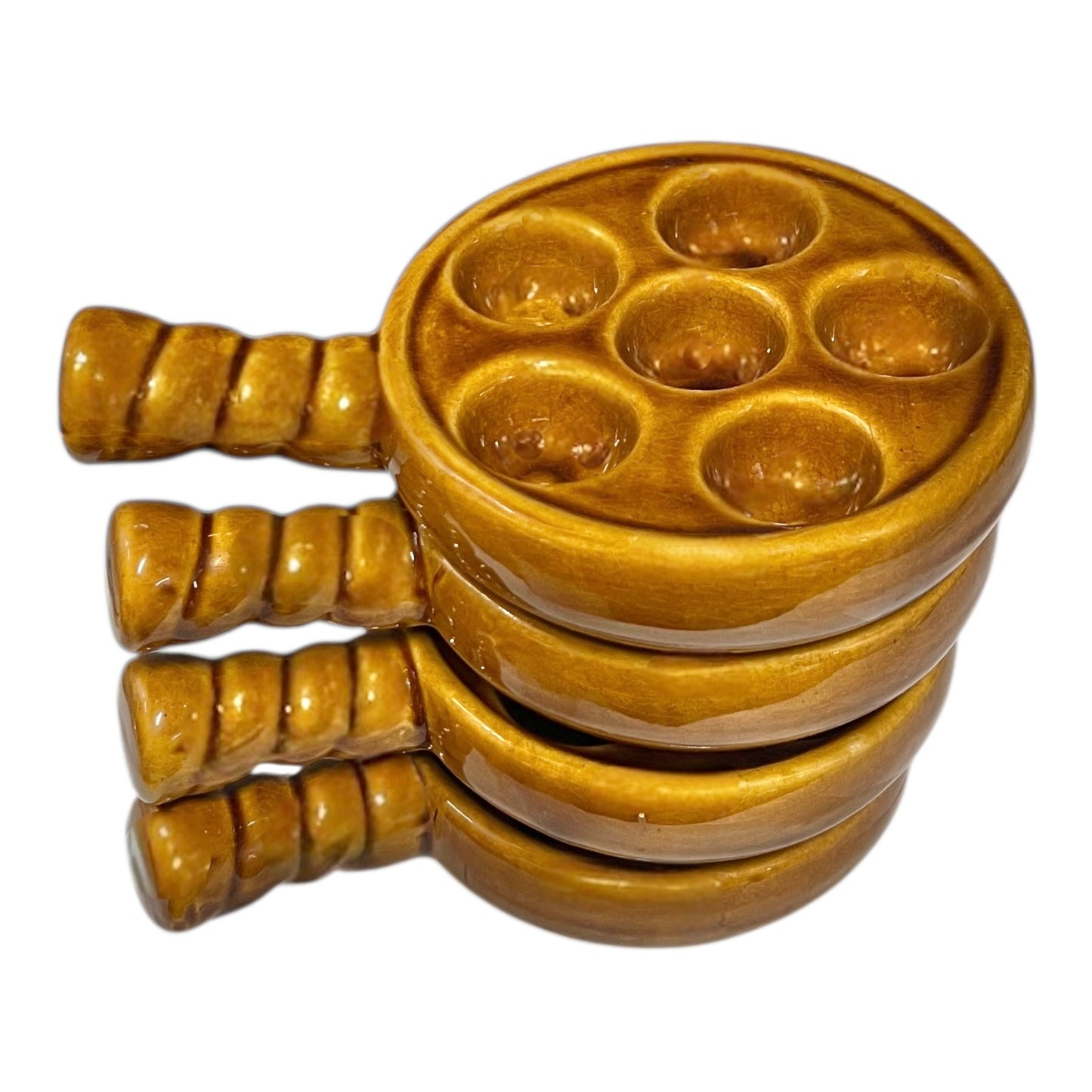 French brown ceramic escargots pot with multiple compartments on a white background