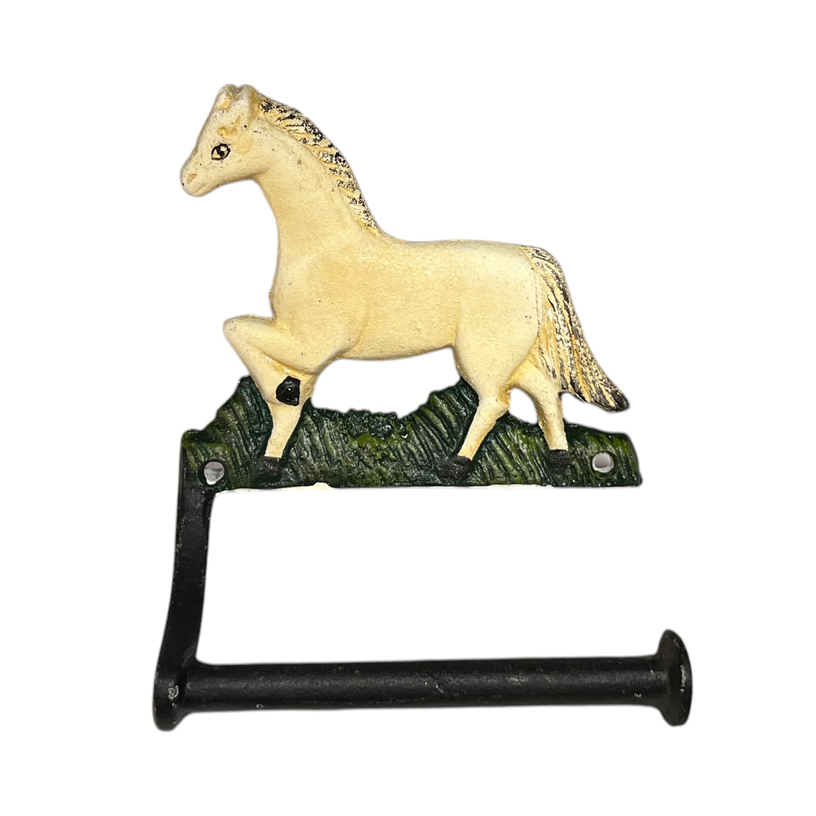 Decorative toilet paper holder with a horse design on a white background