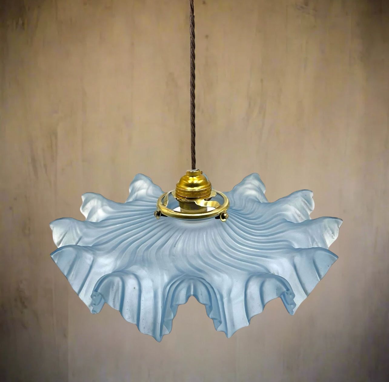 Vintage French Pendant Light, Blue Frosted Glass Hanging Lampshade for sale from All Things French Store