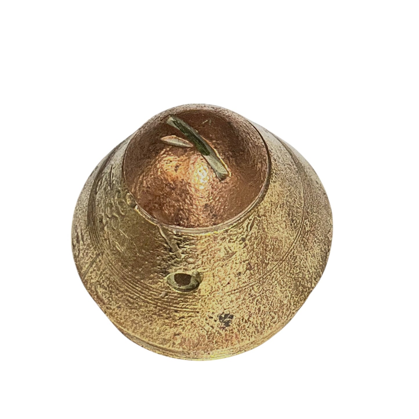 A textured metallic gold dome-shaped object with a small hole and a green stem-like protrusion on top, isolated on a white background.