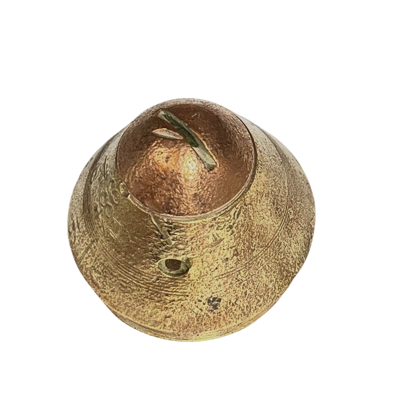A textured metallic gold dome-shaped object with a small hole and a green stem-like protrusion on top, isolated on a white background.