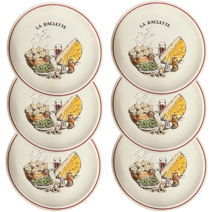 Set of 'La Raclette' ceramic plates and bowl with illustrations on a white background