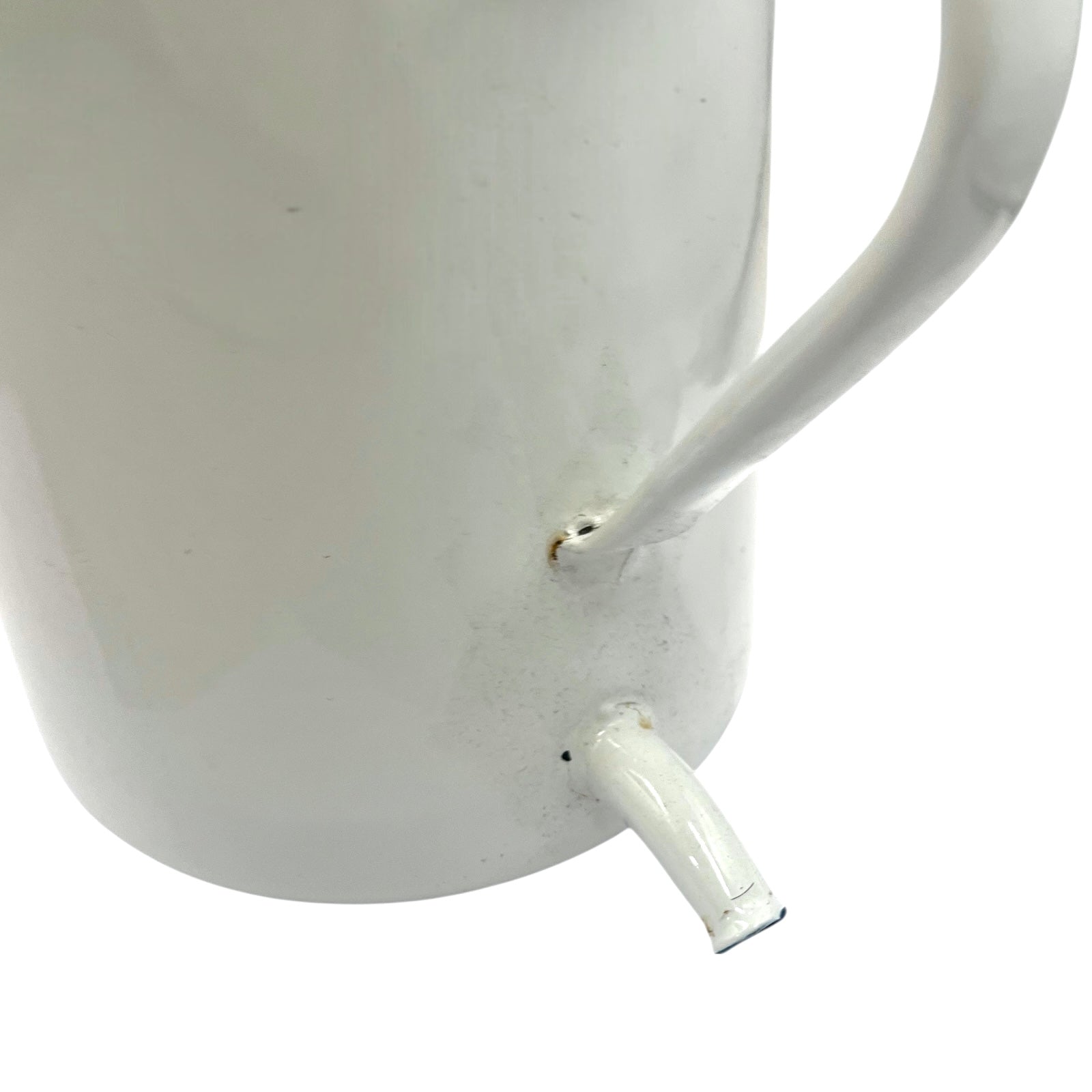 Close-up of a white enamel planter with handles on a white background