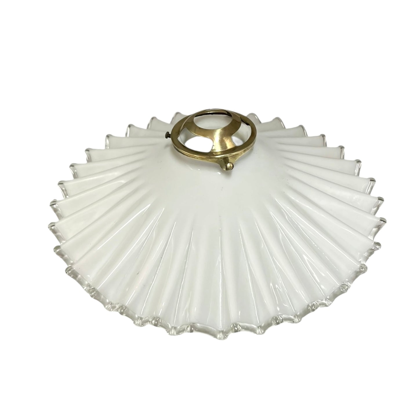 White scalloped-edge glass lampshade with brass fitting on a white background, for a period living room styling or vintage home decor 