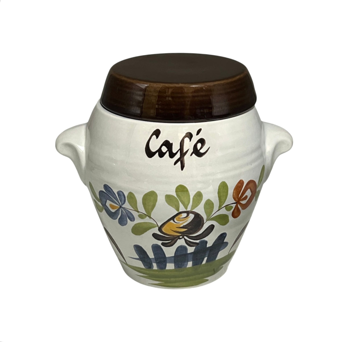 A white ceramic coffee jar with a dark brown wooden lid, featuring the word 'Café' in black script and a colorful hand-painted floral and bird design on the front.