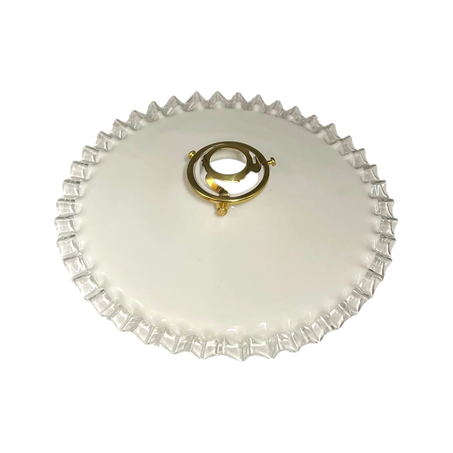 A round white glass lampshade with a scalloped edge and a central gold-tone metal ring handle, shown on a plain white background.