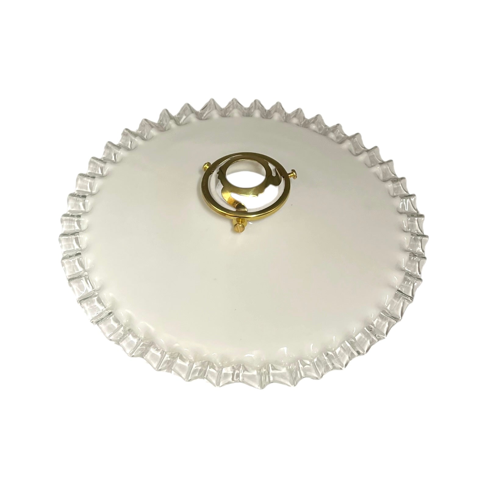 A round white glass lampshade with a scalloped edge and a central gold-tone metal ring handle, shown on a plain white background.