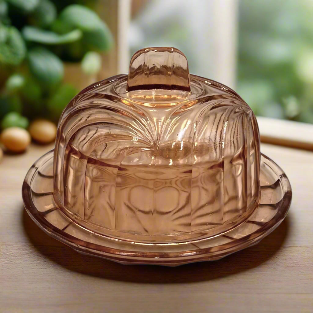 French Vintage Rose Glass Cheese Dome and Matching Plate