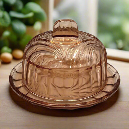 French Vintage Rose Glass Cheese Dome and Matching Plate