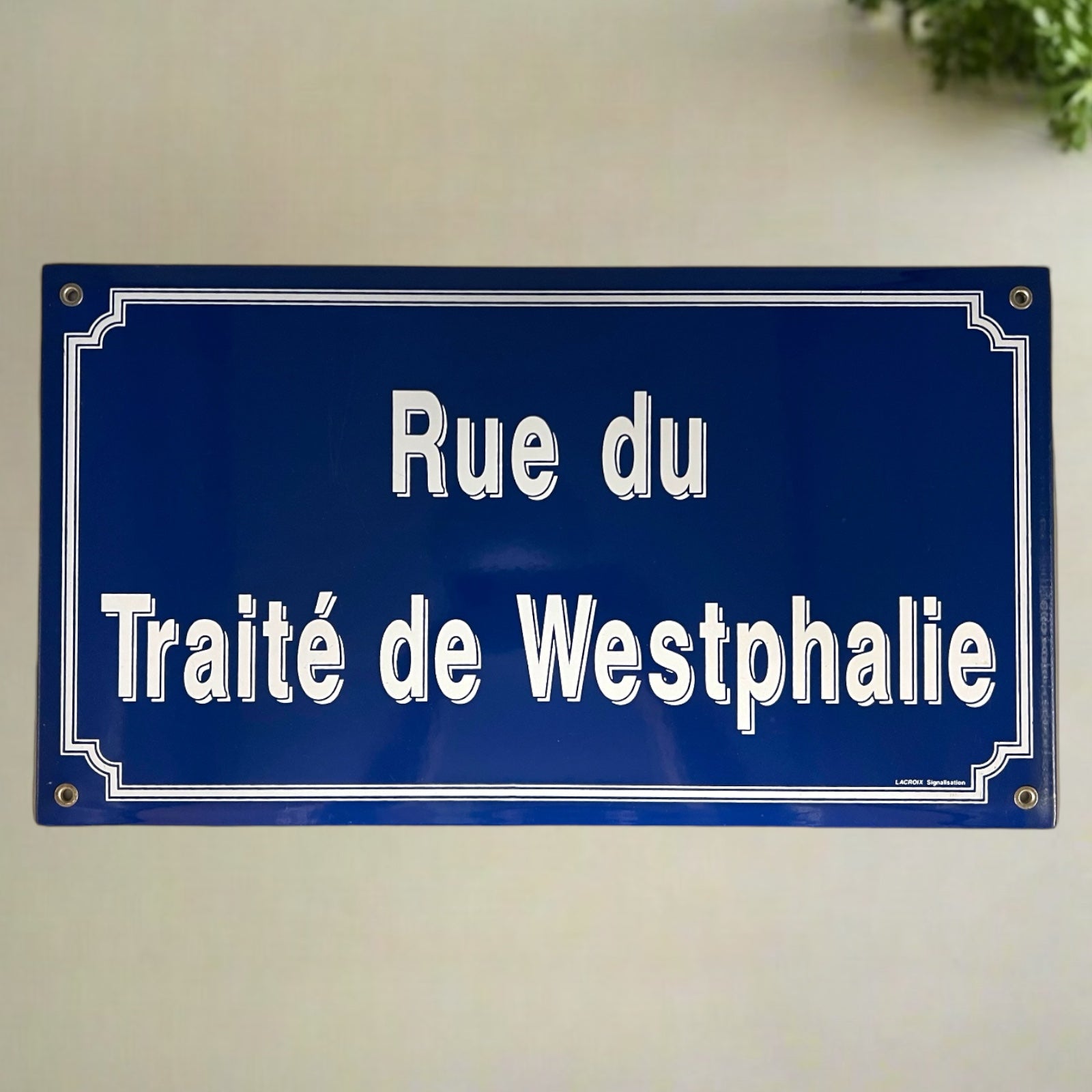 Vintage Blue Enamel French Street Sign Plaque, Road name Rue Traite Westphalie