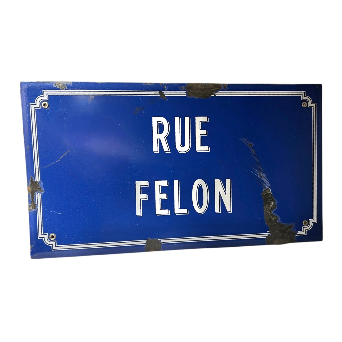 Blue street sign with white text 'RUE FELON' on a white background