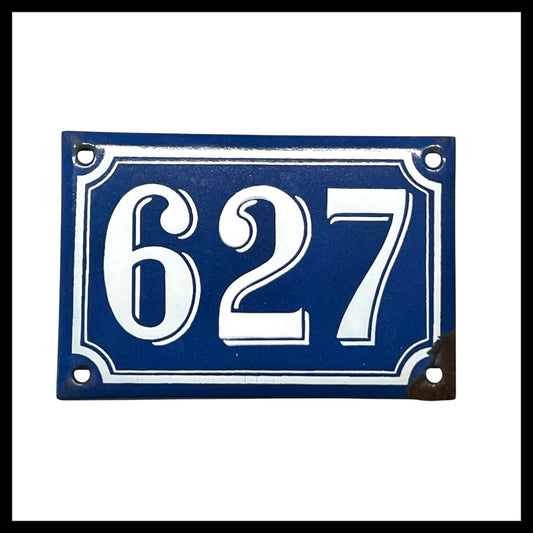 French Vintage Antique Enamel Door Number 627, White and Blue House Number 627 for sale from All Things French Store