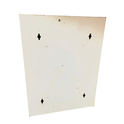 close up of a vintage metal bathroom cabinet on a white background