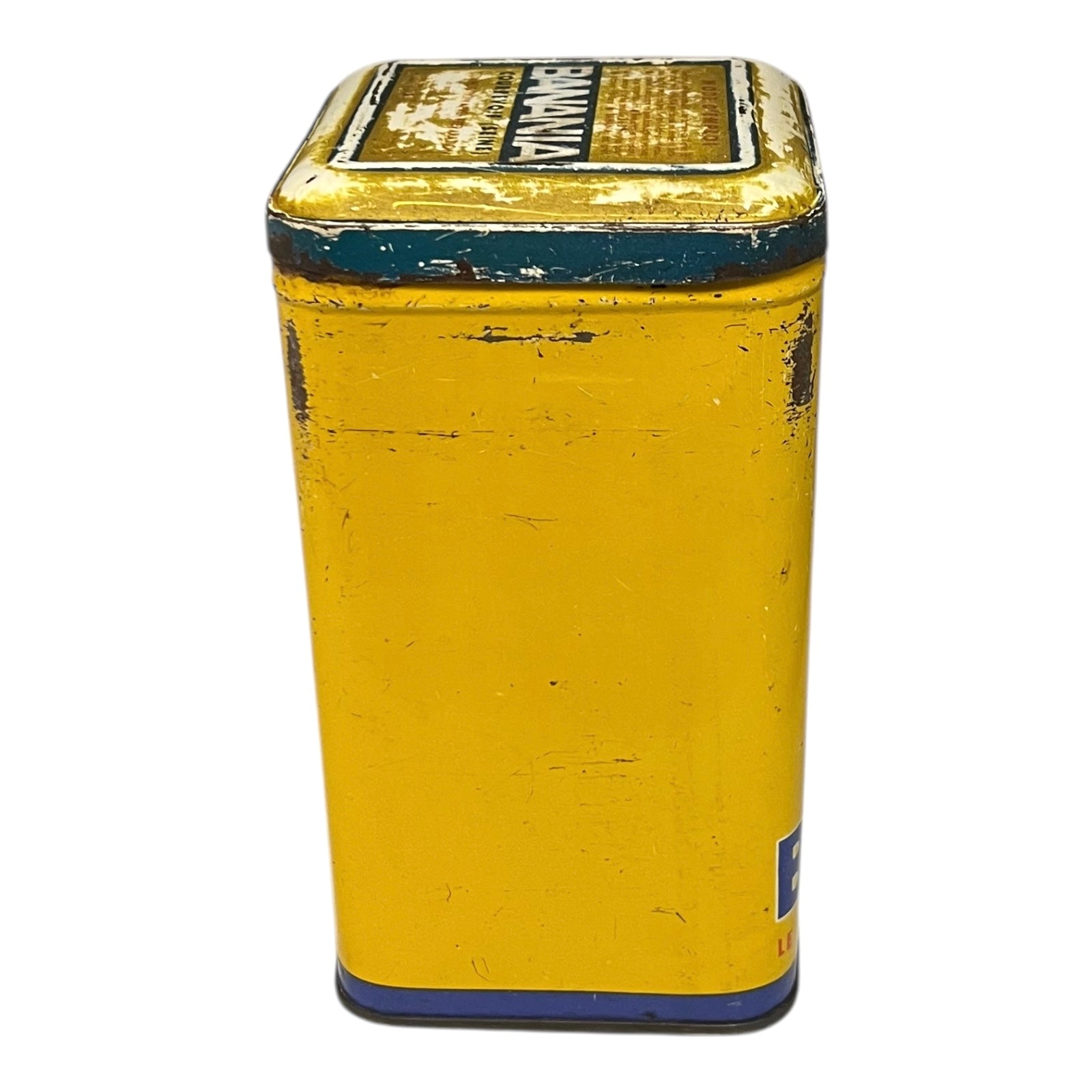 Vintage tin can with a colourful design featuring a face and 'Banania' branding on a white background.