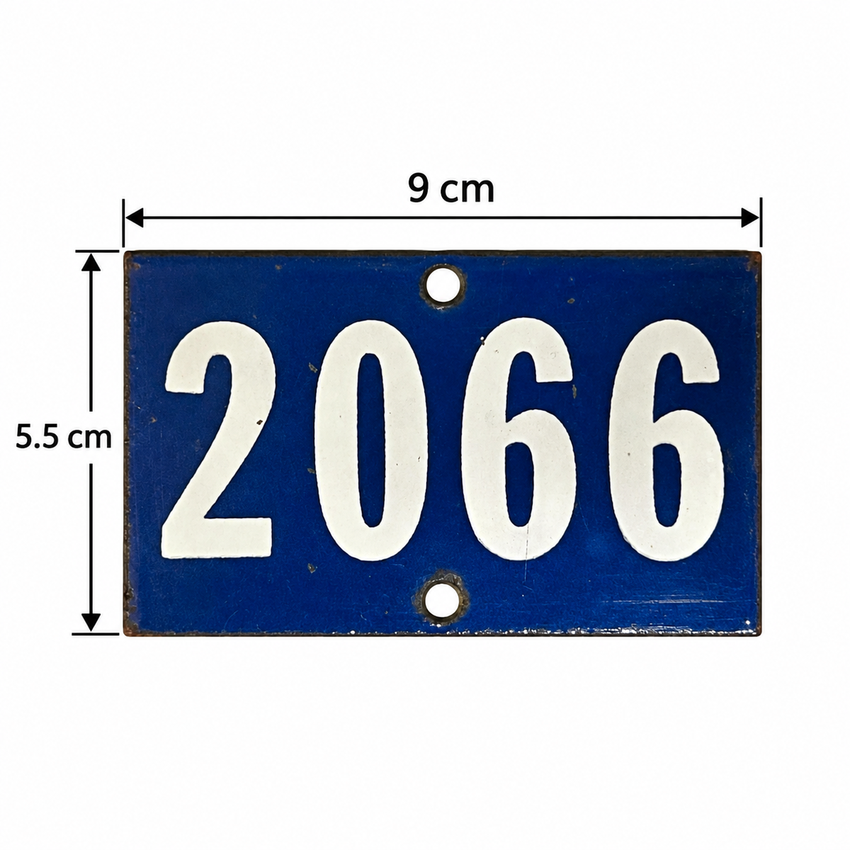 A blue rectangular metal house number plaque with the white numbers 2066, shown with dimension arrows and labels indicating 9 cm width and 5.5 cm height on a white background.