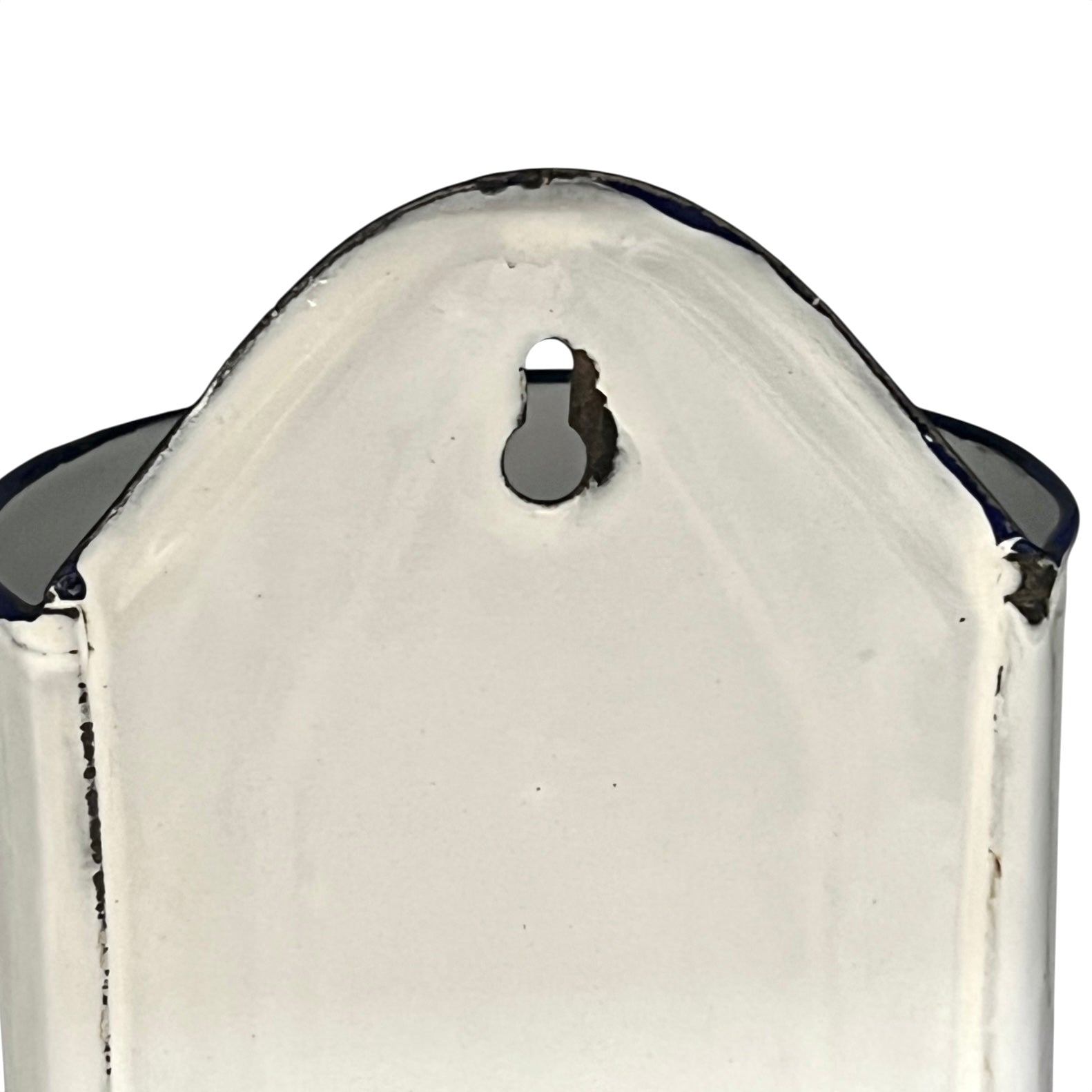 Close up of  French vintage enamel planter with a flat back and a spout on a white background