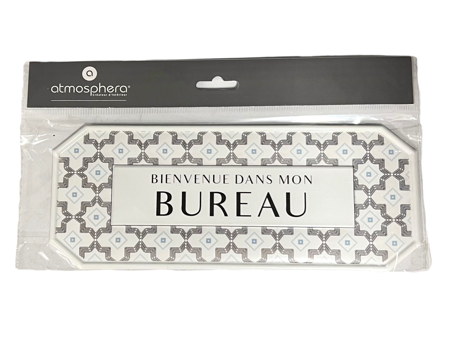 Packaged decorative office sign with patterned design and text 'BIENVENUE DANS MON BUREAU' by Atmosphera.